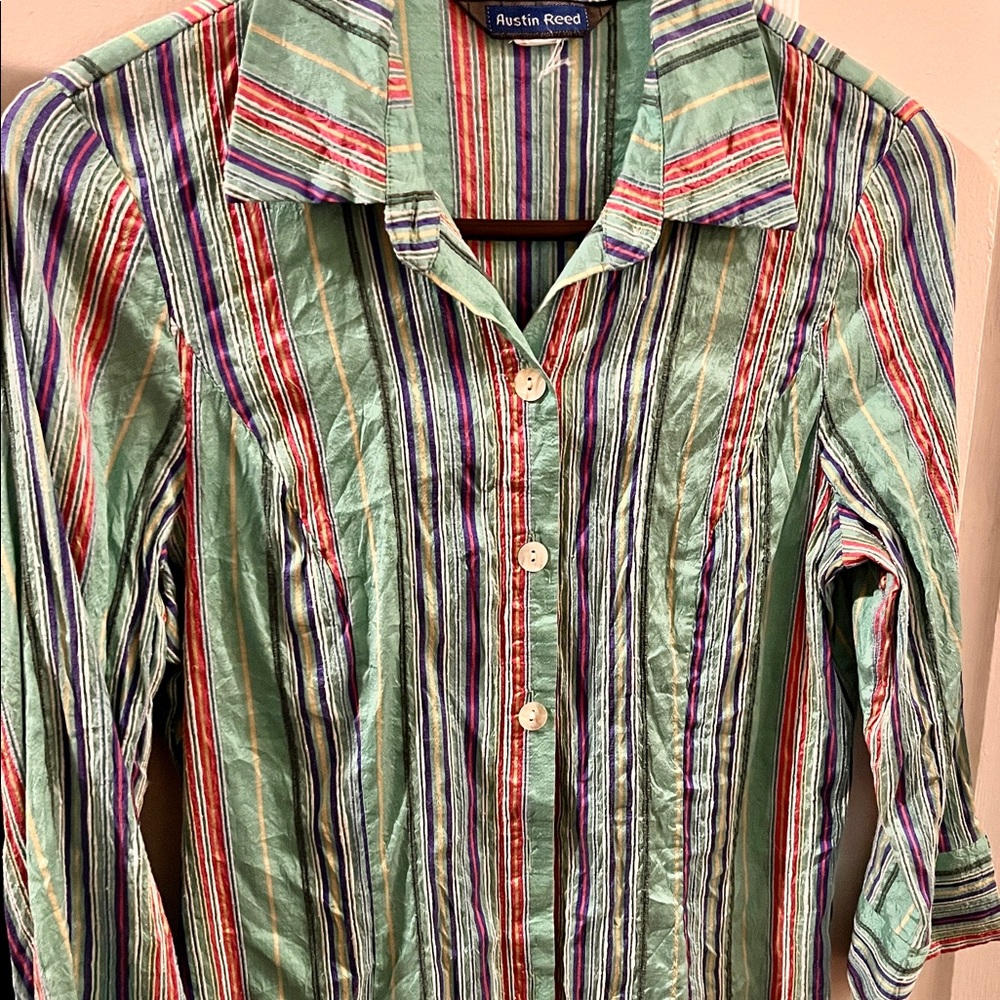 Austin Reed Sz S Shirt, 3/4 sleeve, multi-color vertical striping. Boho
